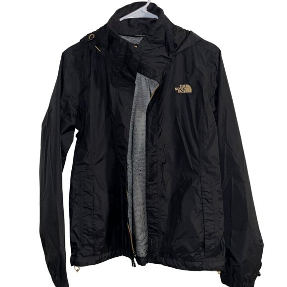 North Face Women's Hyvent Waterproof Rain Jacket Black & Gold Packable Hood - Picture 6 of 10
